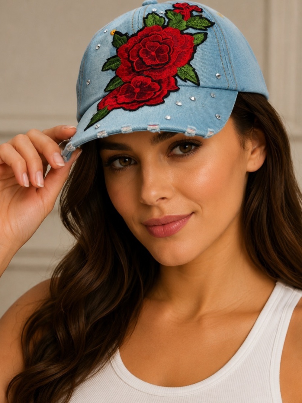 720. Floral Design Light Denim Cap with Floral Embroidery.